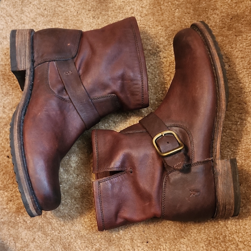 Frye Brown Leather Harness Moto Boots - Picture 8 of 11